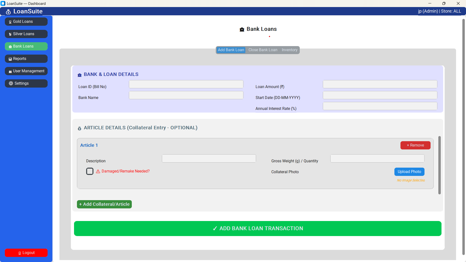 Bank Loan Transaction Form