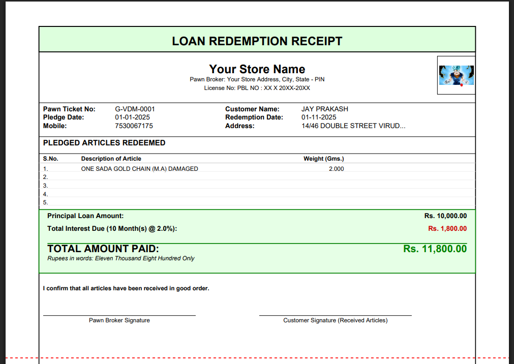 Redemption Receipt Document Sample