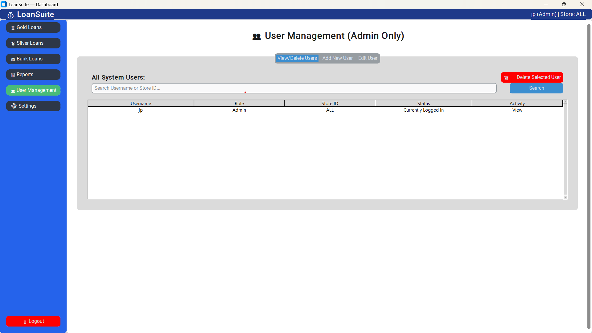 LoanSuite User Management Screen